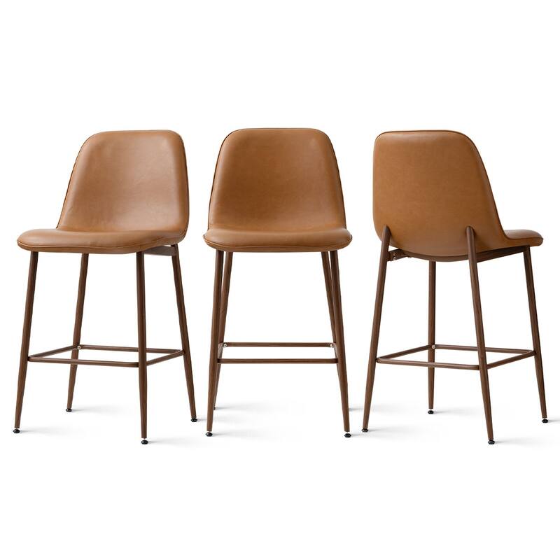 Modern PU Leather Counter Height Bar Stools with Walnut Wood-Grain Metal Legs (Set of 3)