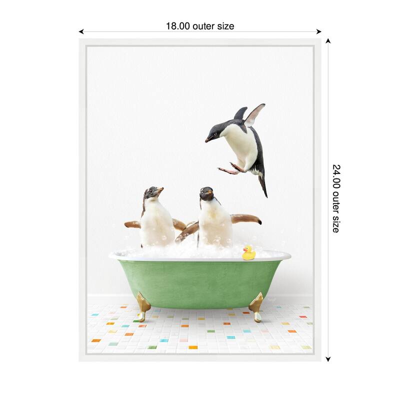 Kate and Laurel Sylvie Penguins in Green Bathtub on Colored Tile Framed Canvas by Amy Peterson