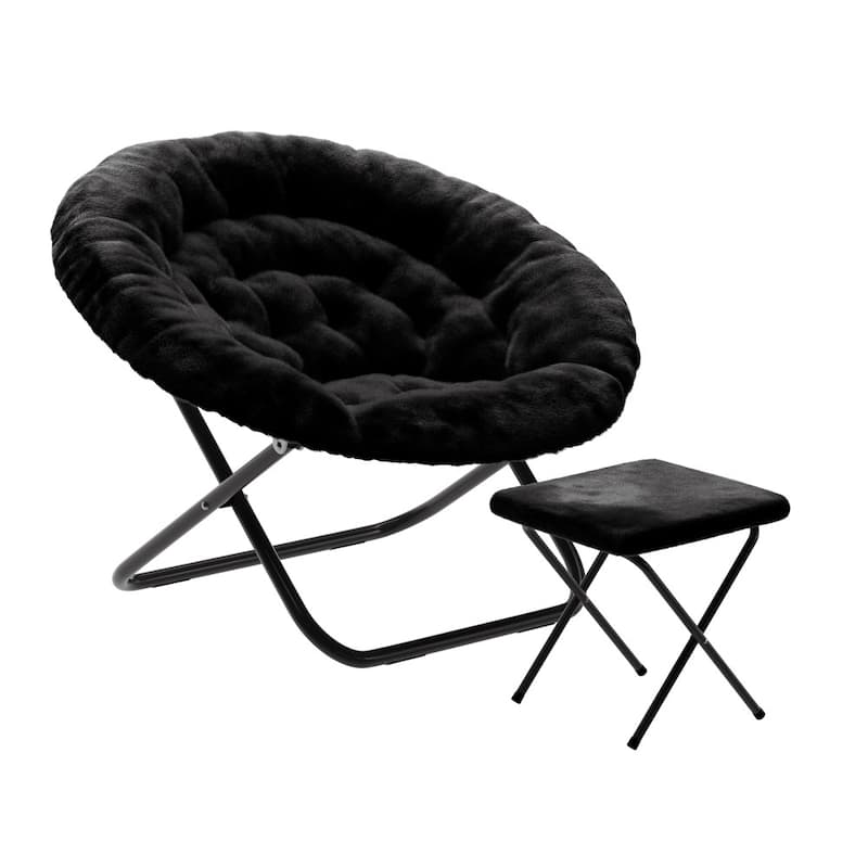 Upholstered XL Folding Saucer Chair with Ottoman - 31"D x 35.75"W x 33.5"H - Black Fabric/Black Frame