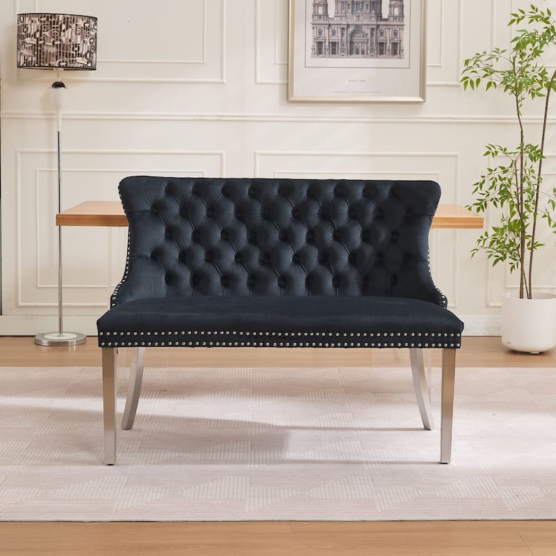 Velvet Double Dining Loveseat Bench, 2-Seat Tufted Bench w/Handmade Buttons, Wing Back, Gold-Plated Steel Legs, Single Pack