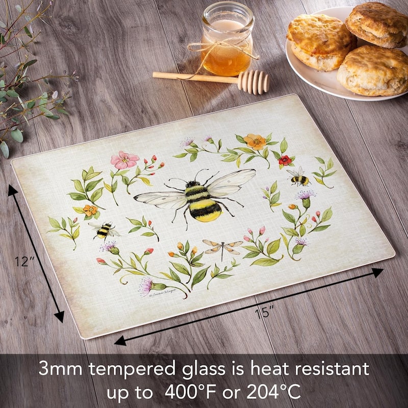 Bee Wreath 3mm Heat Tolerant Tempered Glass Cutting Board 15” x 12” Manufactured in the USA Dishwasher Safe