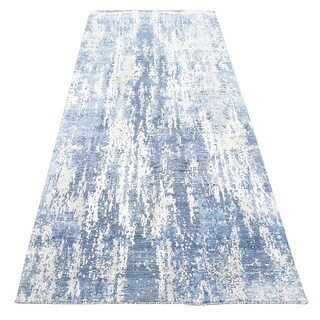 Shahbanu Rugs Wool and Real Silk Hand Knotted Blue Abstract Design with ...