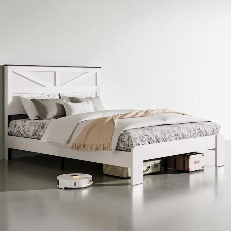 Full/Queen Bed Frame with Wood Headboard and Platform, No Box Spring, Noise Free
