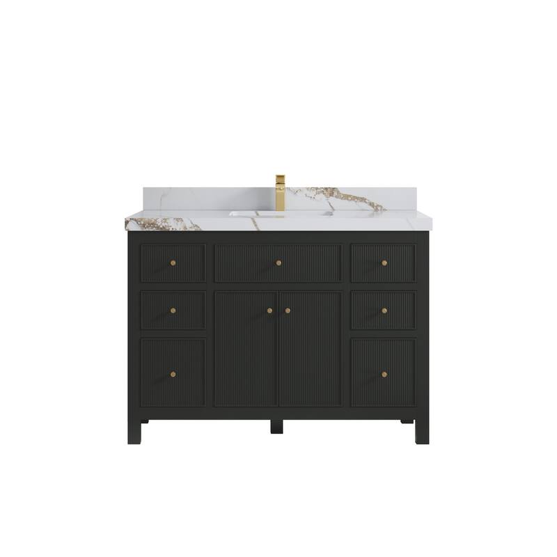Willow Collections 48 in W x 22 in D Sonoma Free Standing Reeded Single Sink Bathroom Vanity with Countertop - 2" Calacatta Gold - Black Top