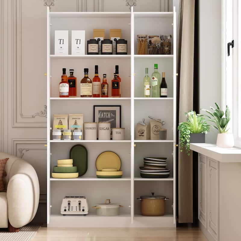Tall Bookshelf Bookcase with 6 Glass Doors&Gold conical handle,White - 78.7"H
