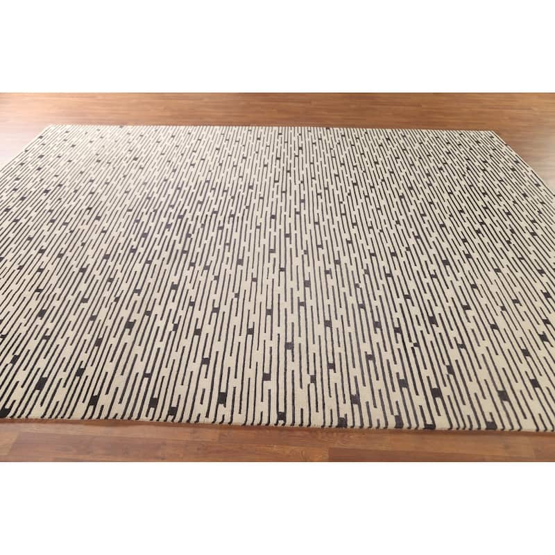 Striped Beige Nepalese Indian Area Rug Hand-Knotted Wool Carpet - 9'0" x 11'8"