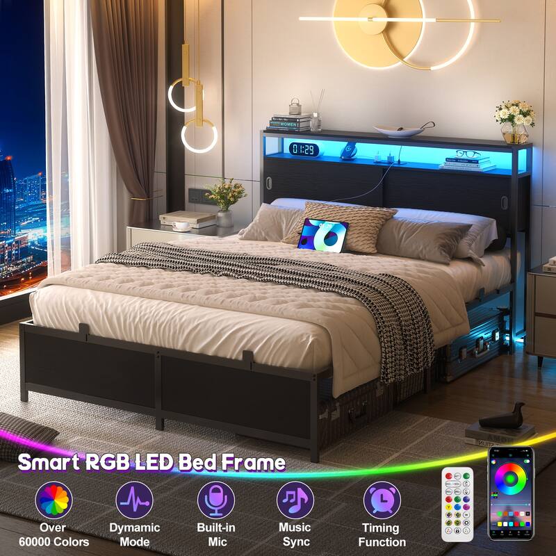 Platform Bed Frame with Sliding Doors Storage Headboard, Beds with Charging Station and LED Light