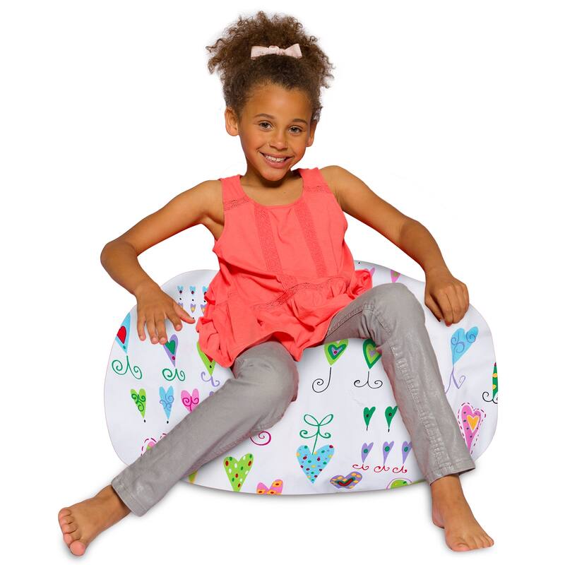 Kids Bean Bag Chair, Big Comfy Chair - Machine Washable Cover - 27 Inch Medium - Canvas Multi-colored Hearts on White