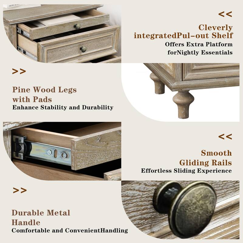Nightstands Set of 2 with 4 Drawer,Wood Storage End Table with Hidden Pull-Out Shelf, 4 Solid Wood Feet and Metal Handle