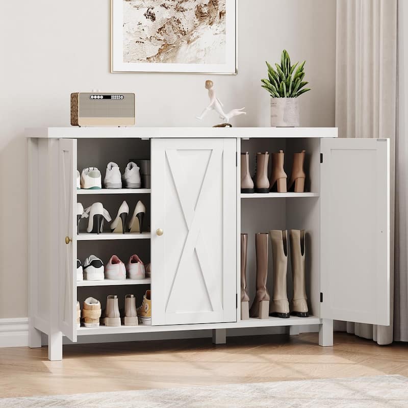 Farmhouse Shoe Cabinet with 3 Barn Doors - 4-Tier Entryway Shoe Storage - White