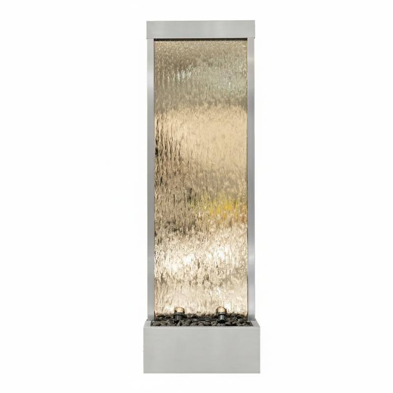 XBrand 68 in H Freestanding Waterfall Fountain, LED Lights & Auto-Shut Off Pump, Stainless Steel/Mirror Glass,Silver Frame