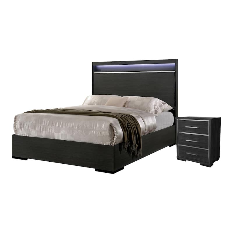 Furniture of America Kastela Contemporary Grey 2-Piece Panel Bed and Nightstand Set with LED and USB Ports