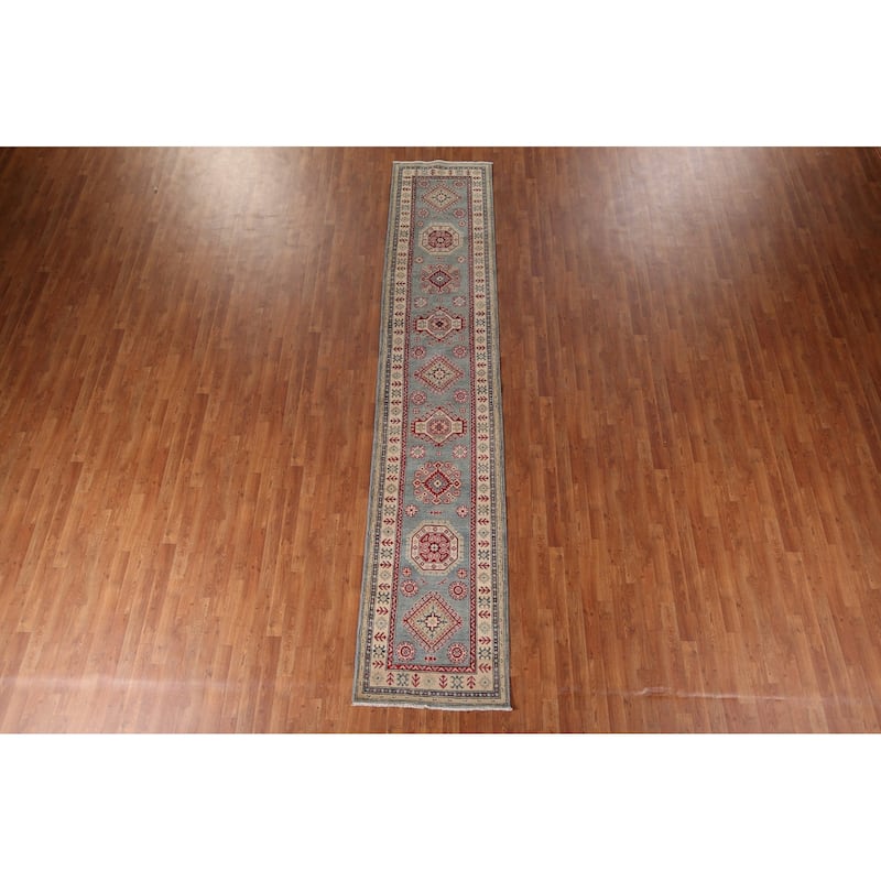 Geometric Kazak Oriental Runner Rug Hand-Knotted Blue Wool Carpet - 2'3" x 13'2"