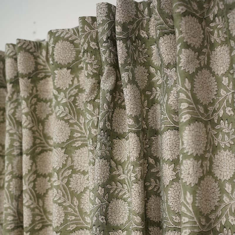 Fabdivine Handmade Floral Block Print Window or Door Room Décor Viscose Linen Curtain - 54"X45" - Rajat- Greenish, Yellow