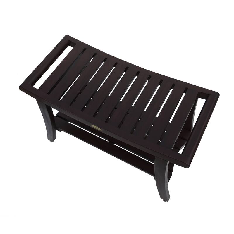 HomeRoots 30" Dark Brown Teak Rectangular Shower Bench With Shelf