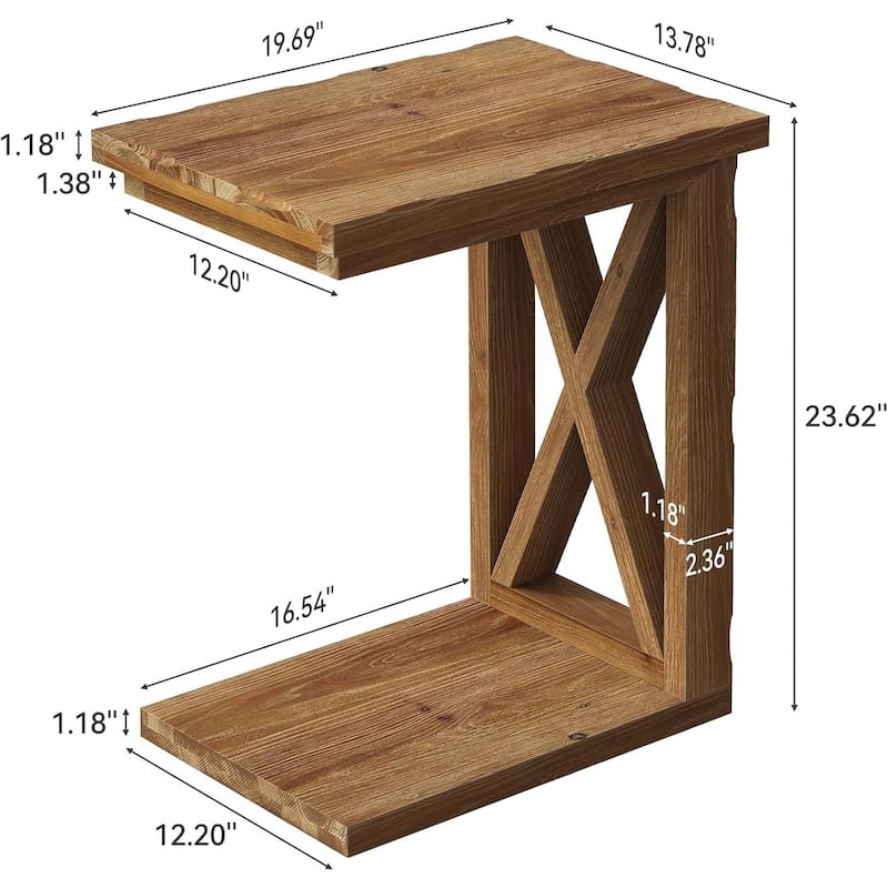 C Shaped Solid Wood Side Table, 2-Tier Open Storage End Table, Modern Accent Table & Nightstand for Living Room Bedroom