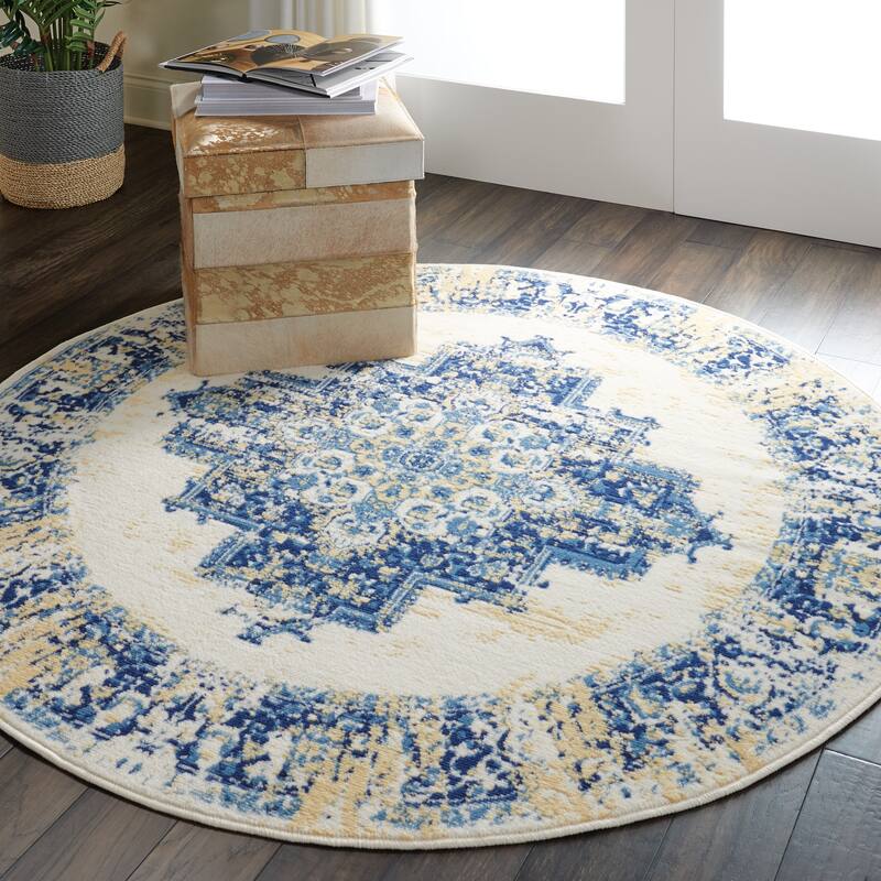 Nourison Grafix Distressed Vintage Medallion Area Rug - 4' Round - White