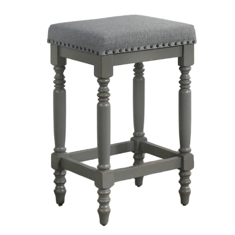 Rustic Wooden Counter Stool With Padded Seat Set Of 2-26 Inch Walnut Barstool With Nailhead Trim,Distressed Finish & Turned Legs