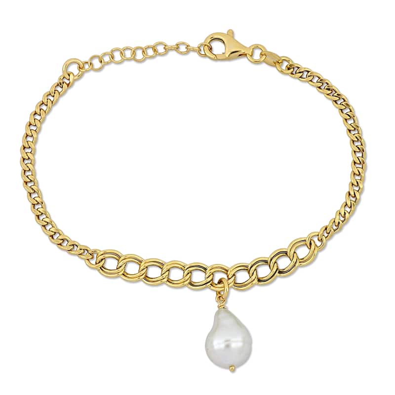 Miadora Cultured Freshwater Natural Shape Pearl Bracelet Link Chain Yellow Silver