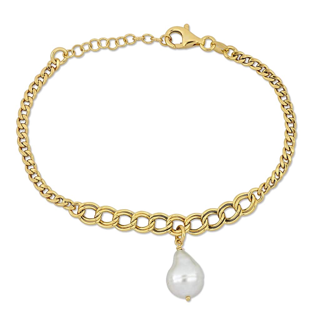 Miadora Cultured Freshwater Natural Shape Pearl Bracelet Link Chain Yellow Silver