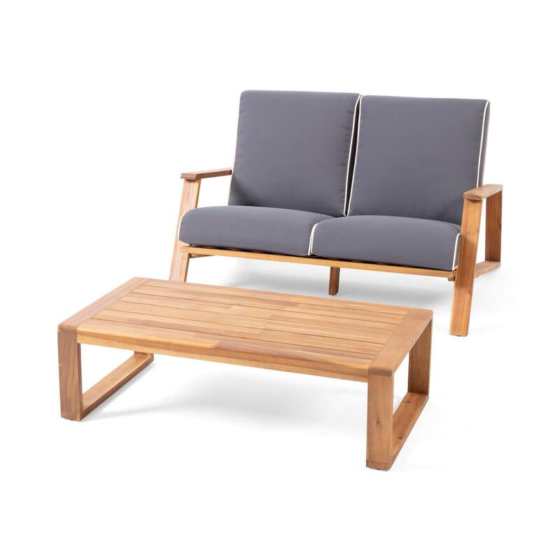 2-Piece Outdoor Acacia Wood Loveseat Sofa Chair Set with Coffee Table