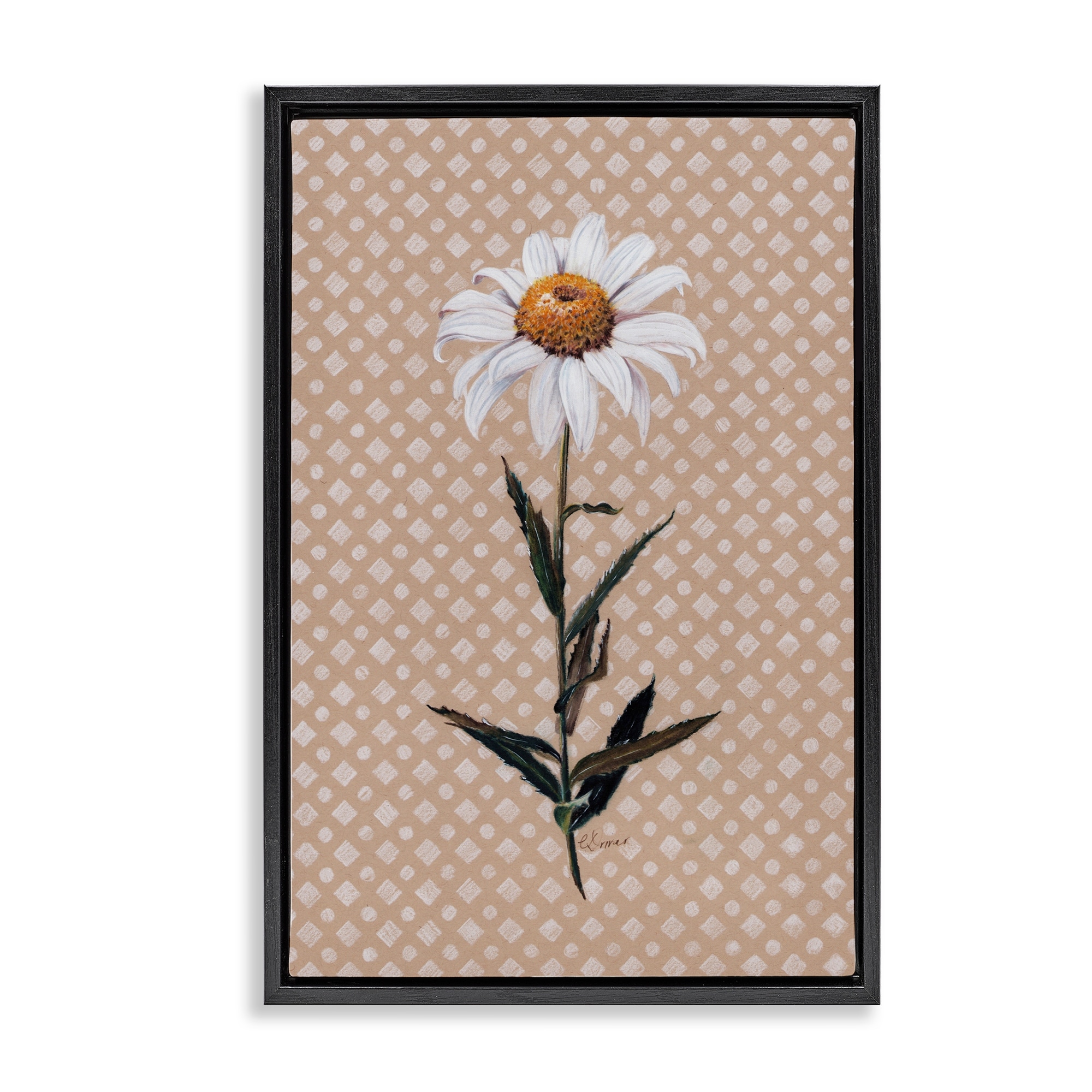 Stupell Daisy Sprig over Neutral Geometric Framed Floater Canvas Wall Art Design By Cady Driver
