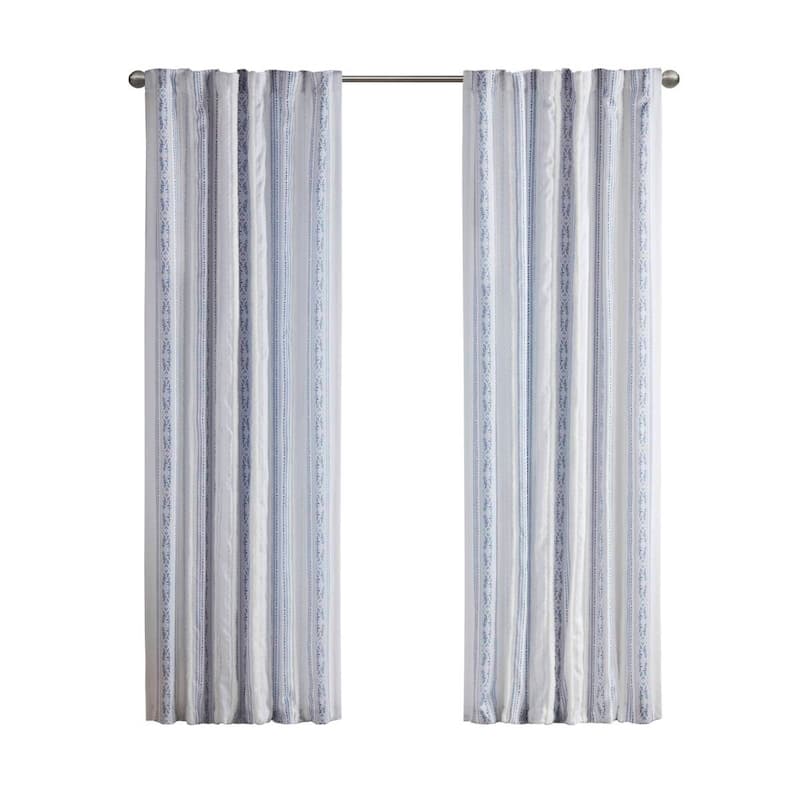 Poly Printed Curtain Panel with Tufted Stripe and Lining - White/Navy - 95 Inches