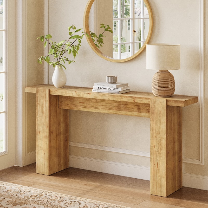 63'' Solid Sood Console Table, Narrow Sofa Table Entrance Table - Natural Wood