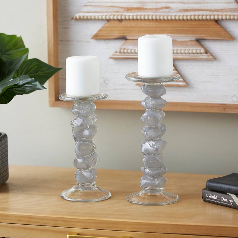Clear or Green Glass Stacked Stone Candle Holder (Set of 2) - Clear