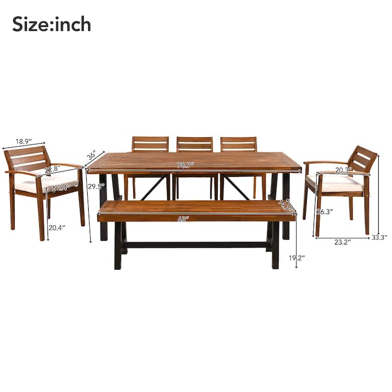 7 Piece Outdoor Acacia Wood Dining Set with Removable Cushions, Ergonomic Chairs and Bench
