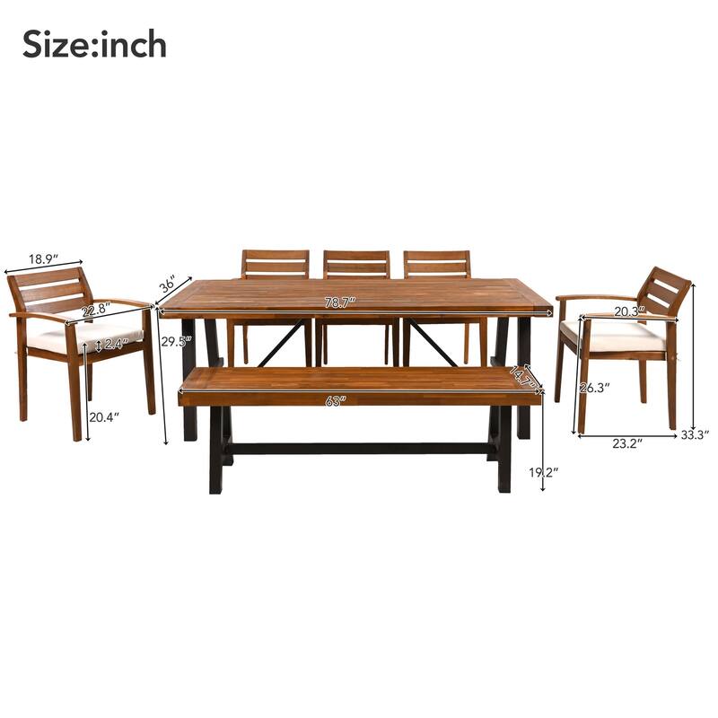 Outdoor Wood Dining Set with Bench Thicker and Table, Outdoor Dining Furniture with Removable Cushions and Ergonomic Chairs
