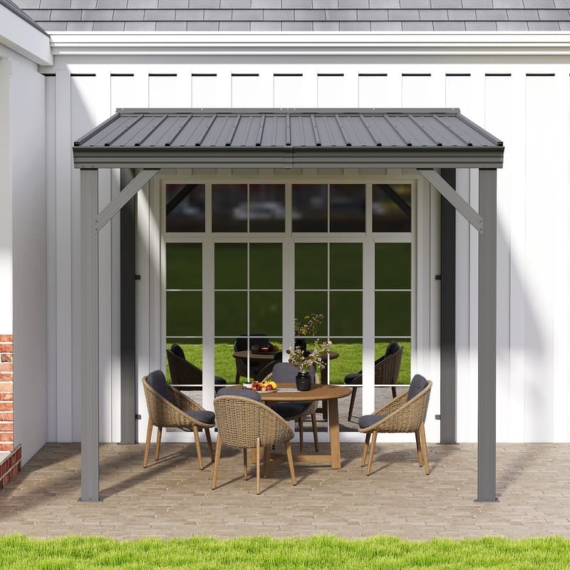 Domi Lean to Gazebo, Outdoor Hardtop Wall Mounted Gazebo with Sloping Galvanized Steel Roof - 8x8 FT