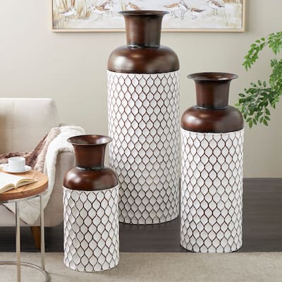 White Metal Tall Floor Vase with Brown Trumpet Tops (Set of 3)