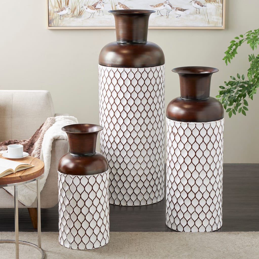 White Metal Tall Floor Vase with Brown Trumpet Tops (Set of 3)