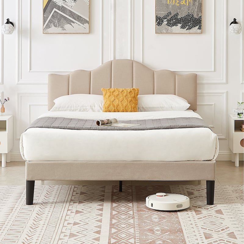 VECELO Modern Upholstered Platform Bed with Adjustable Headboard, Dark Blue/ White/ Grey/ Beige Bed Frames