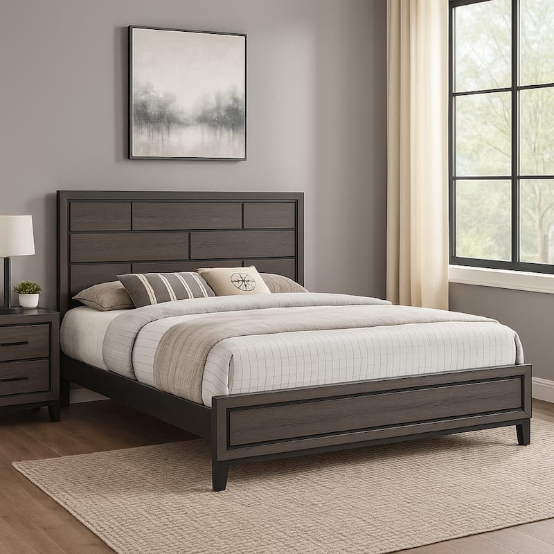 Asir King Size Bed, Geometric Panel Headboard, Modern Gray Wood Finish