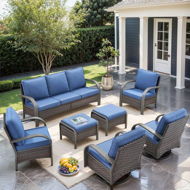 Pocassy Outdoor Sofa PE Wicker Furniture Set - Blue Cushion - 7PCS Sofa Chair with Ottoman