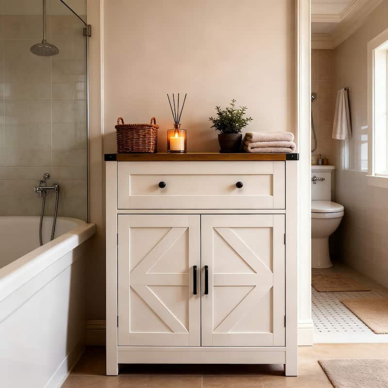 Farmhouse Barn-Door Storage Cabinet, Coffee Bar Buffet Sideboard with Drawer for Kitchen & Living Room