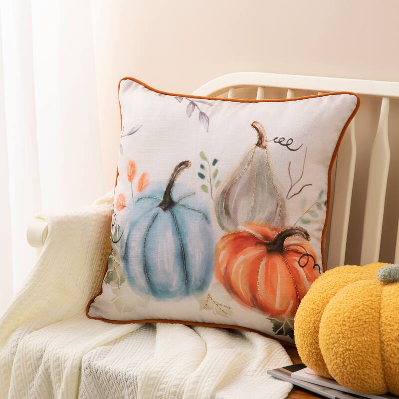 Glitzhome Farmhouse Thanksgiving Harvest Turkey Embroidered Pillow or Pillow Cover - Colorful Pumpkins(Filler not included)