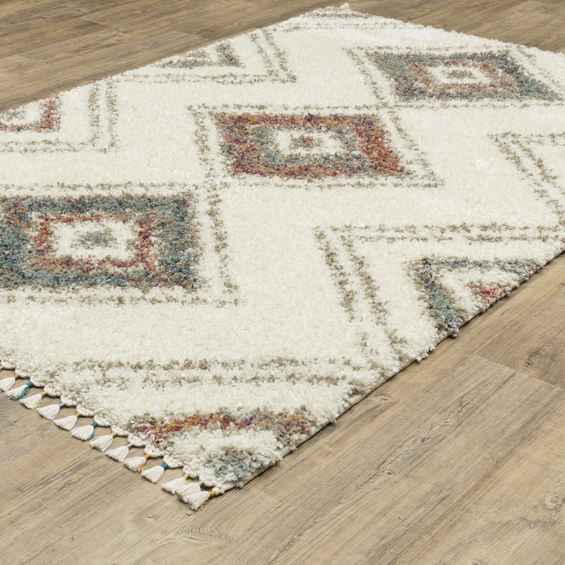 Style Haven Aire Southwest Diamond Ivory/ Multi Shag Tassel Fringe Area Rug.