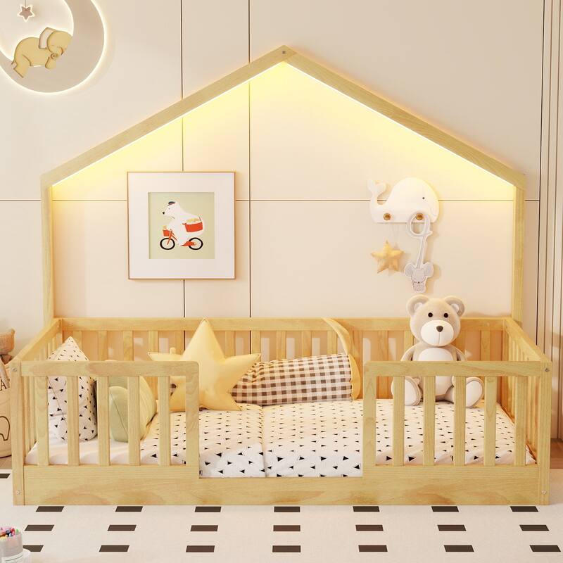Twin Floor Bed with High Rails, Wooden Montessori Bed with Light for Kids, Boys and Girls, White