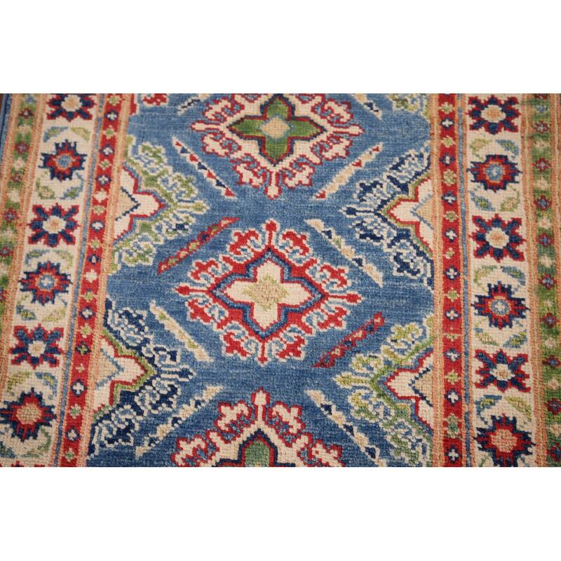 Blue Geometric Kazak Rug Handmade Oriental Wool Carpet - 2'1" x 2'10"