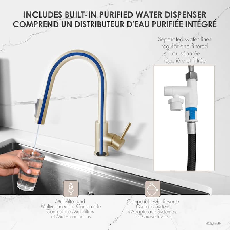 Modena Single Handle Brushed Gold Pull Down Kitchen Faucet with Reversible Osmosis