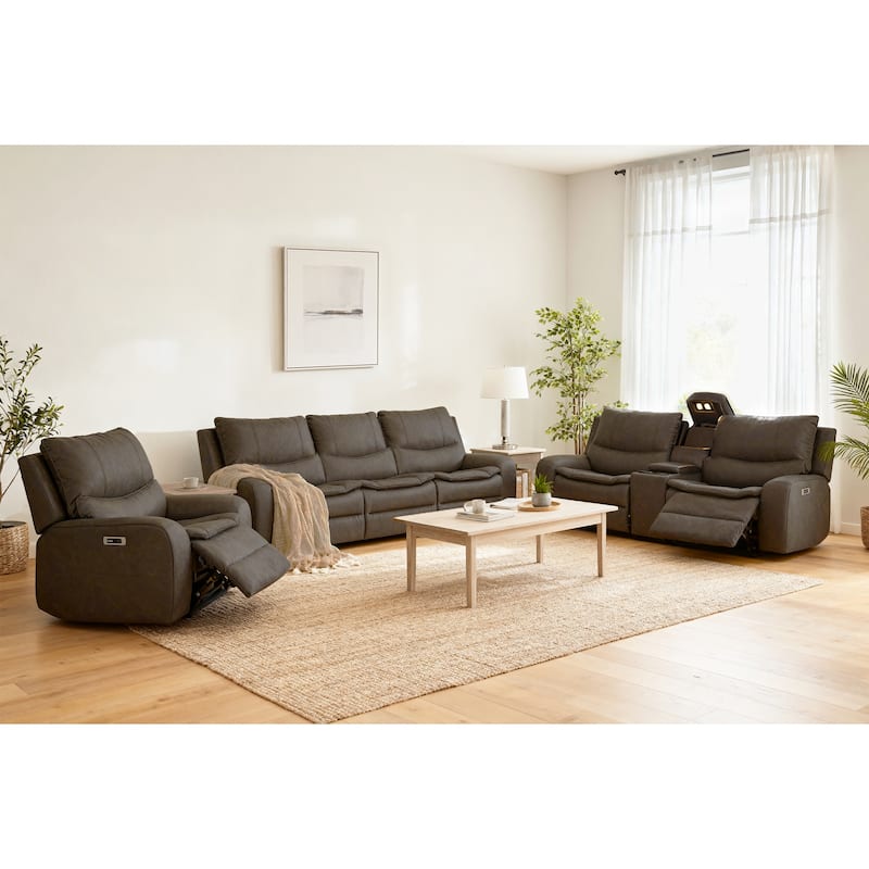 3-Piece Faux Leather Sofa Set with Double Width Seat, Power Recliner, Loveseat & Sofa, Wireless charging and Reading Lamp - Grey