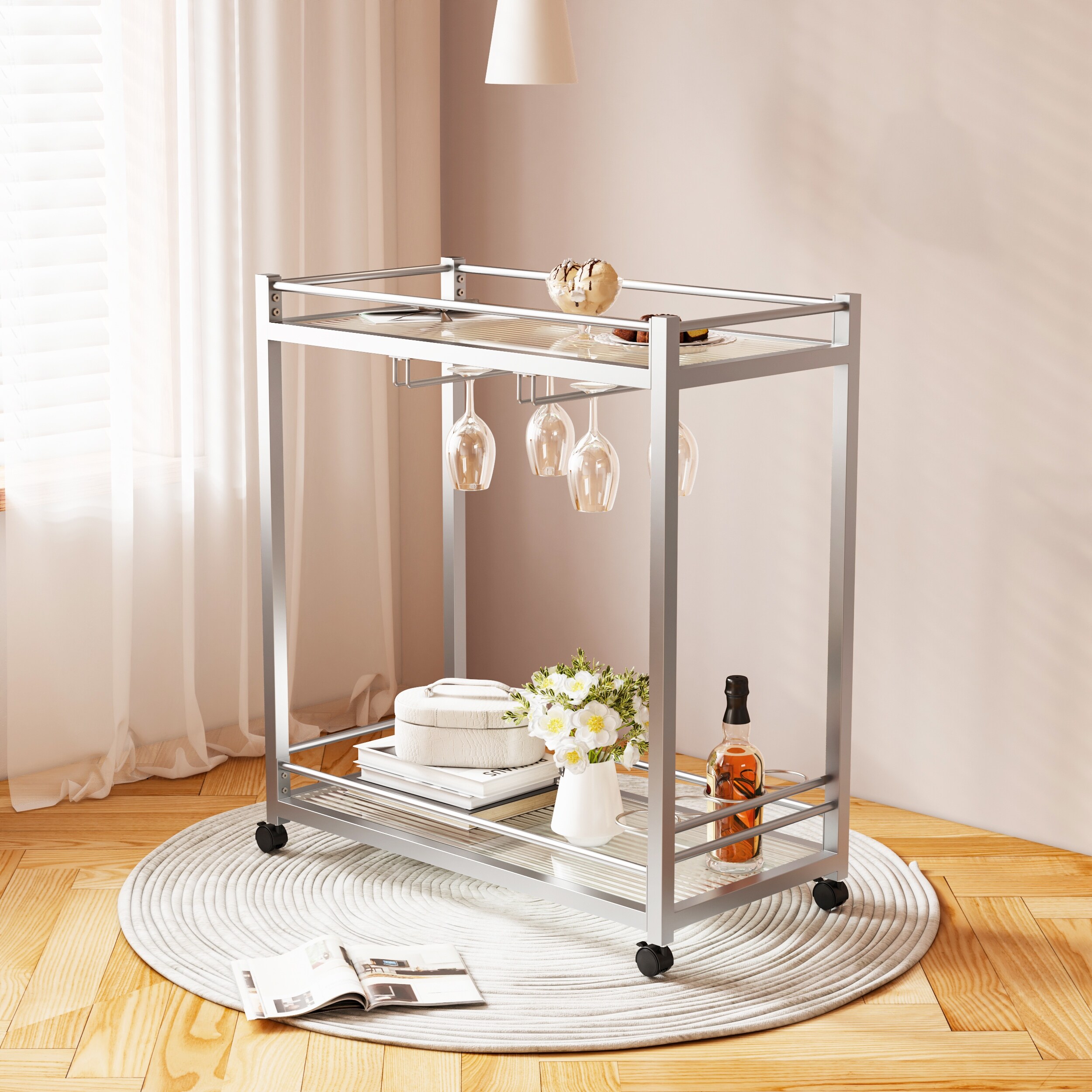 Wine Racks Bar Cart With Hanging Wine Glasses Alazyhome 32
