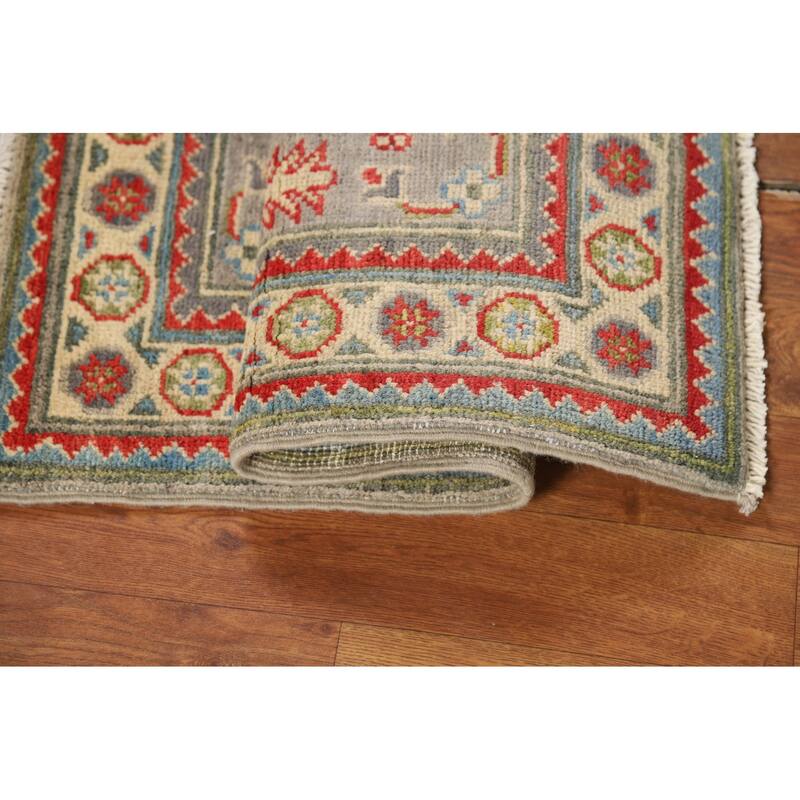 Geometric Kazak Oriental Foyer Rug Hand-Knotted Grey Wool Carpet - 2'0" x 3'0"