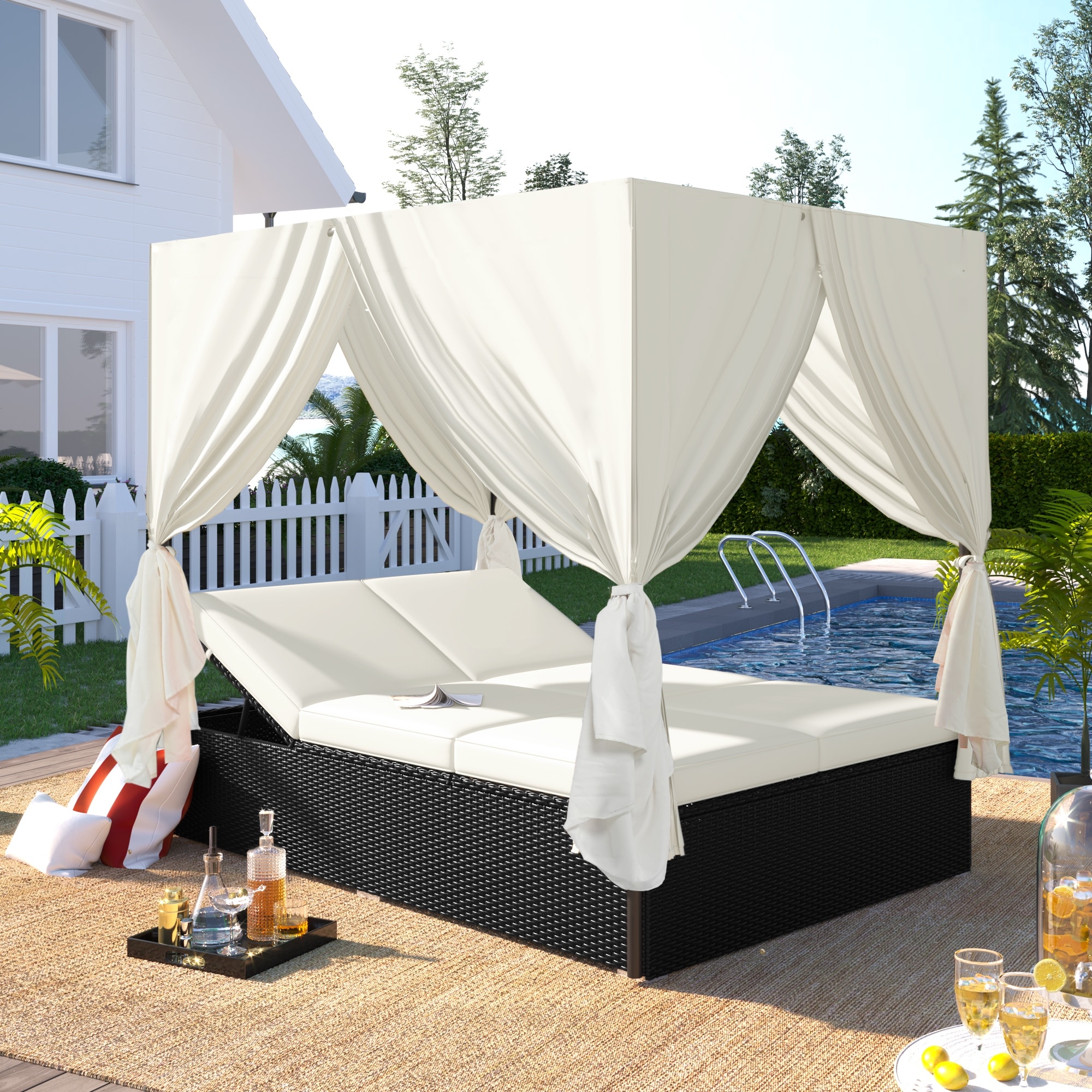 Elegant Outdoor Patio Wicker Sunbed Daybed with Adjustable Cushions and Curtains