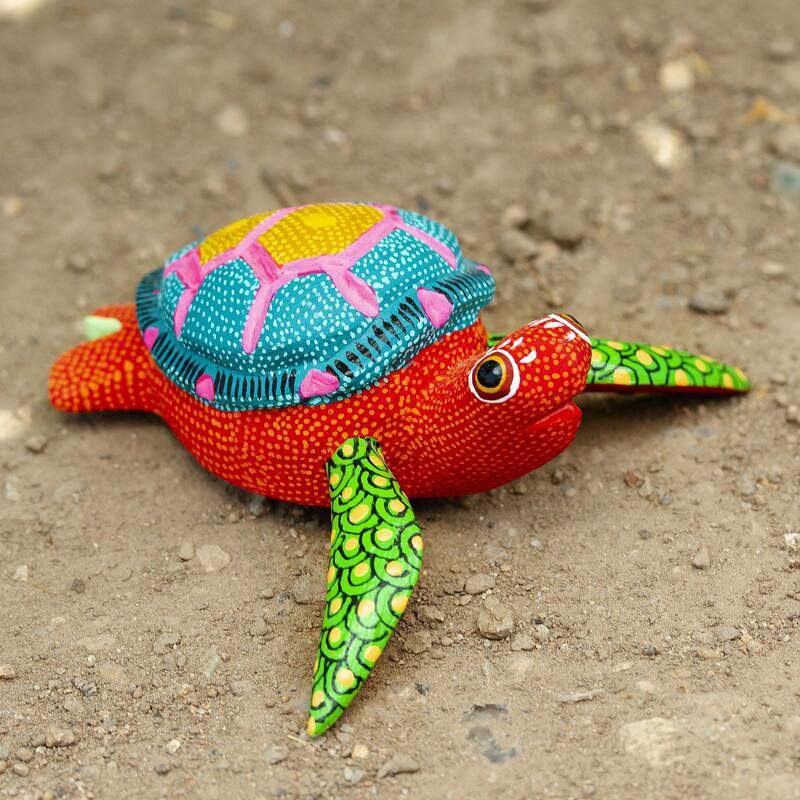Novica Handmade Orange Turtle Wood Alebrije Figurine