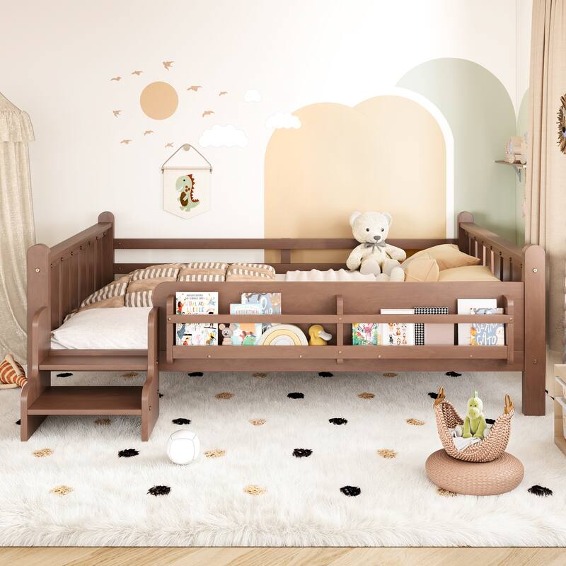 Full/Twin Floor Bed with Storage Bookcases & Cute Stairs - Solid Wood Kids Bed, No Box Spring