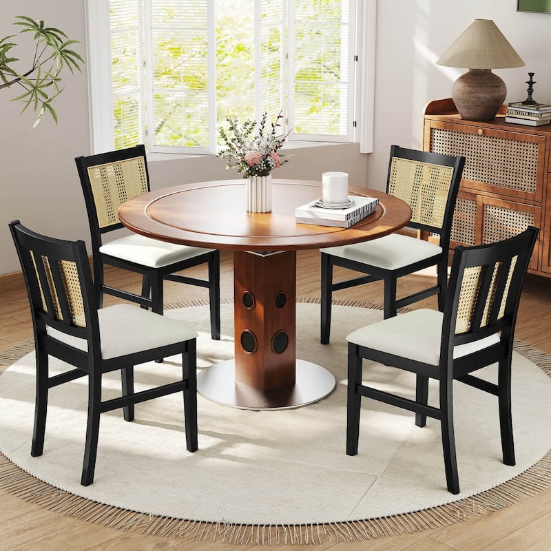 Costway Farmhouse Rattan Dining Chair Set of 2/4 Fabric Upholstered